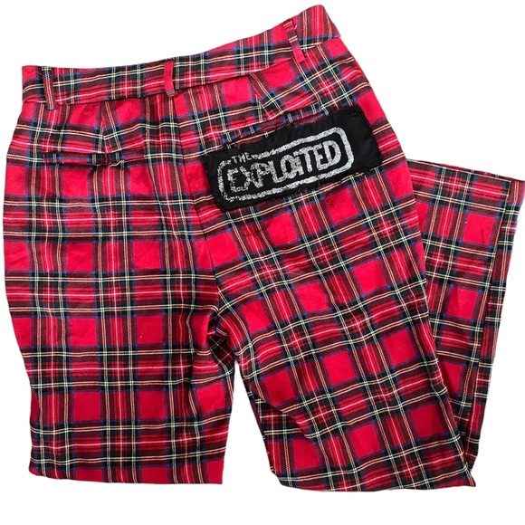 Red Plaid/Tartan Custom Punk Patched Pants Disney x Forever 21 Medium - Picture 1 of 4